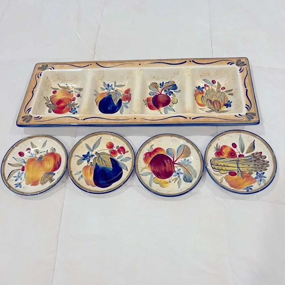 Certified International rare set 19” relish tray with 5” plates. Colorful set!